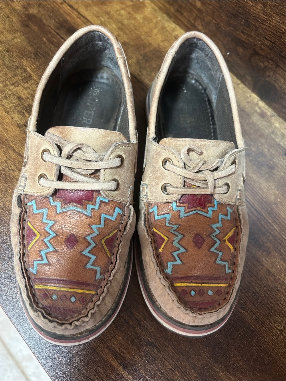 Roper Brown Leather Flats with Turquoise & Maroon Aztec Accents